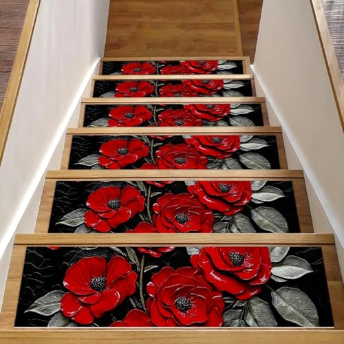 CHENZZZZ Stufenmatten für Holzstufen im Innenbereich, Treppenstufen, rutschfester Teppich, Treppenläufer für Kinder, ältere Hunde, Haustiere, Blumenmuster, rote Rosen, waschbar, 15 Stück von CHENZZZZ