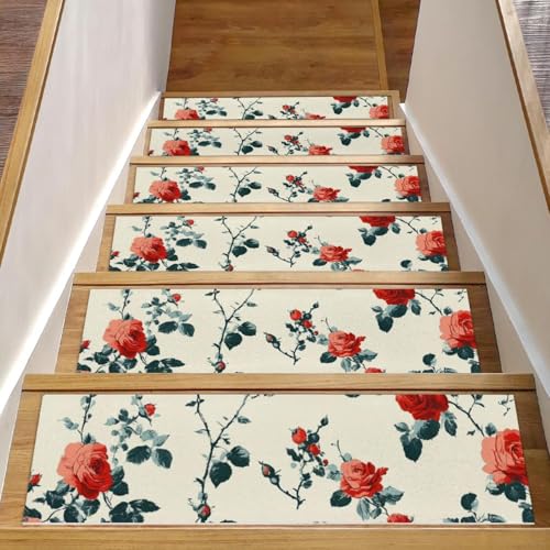 CHENZZZZ Stufenmatten für Holzstufen im Innenbereich, Treppenstufen, rutschfester Teppich, Treppenläufer für Kinder, ältere Hunde, Haustiere, Blumenmuster, rote Rosen, waschbar, 15 Stück von CHENZZZZ
