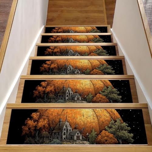 CHENZZZZ Stufenmatten für Holzstufen im Innenbereich, Treppenstufen, rutschfester Teppich, Treppenläufer für Kinder, ältere Hunde, Haustiere, Kürbis-Herbst (4) waschbare Stufenmatte, 15 Stück von CHENZZZZ