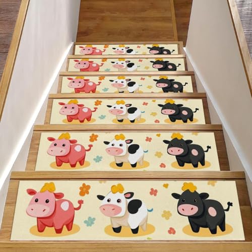 CHENZZZZ Stufenmatten für Holzstufen im Innenbereich, Treppenstufen, rutschfester Teppich, Treppenläufer für Kinder, ältere Hunde, Haustiere, bunte niedliche Cartoon-Kühe, 15 Stück von CHENZZZZ