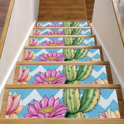 CHENZZZZ Stufenmatten für Holzstufen im Innenbereich, Treppenstufen, rutschfester Teppich, Treppenläufer für Kinder, ältere Hunde, Haustiere, niedliche Kaktusblüte (2), waschbare Stufenmatte, 15 Stück von CHENZZZZ