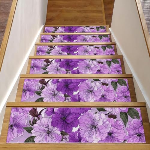 CHENZZZZ Stufenmatten für Holzstufen im Innenbereich, rutschfest, fließendes Blumenmuster, Fliedermuster, Teppich für ältere Menschen, Kinder, Hunde, 15 Stück CHENZZZZ Stufenmatten für Holzstufen im Innenbereich, rutschfest, fließendes Blumenmuster, Fliedermuster, Teppich für ältere Menschen, Kinder, Hunde, 15 Stück von CHENZZZZ