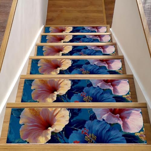 CHENZZZZ Stufenmatten für Holzstufen im Innenbereich, rutschfest, hawaiianischer Hibiskus, Blumenmuster, Blau (2), Stufenmatten für ältere Menschen, Kinder, Hunde, 15 Stück von CHENZZZZ
