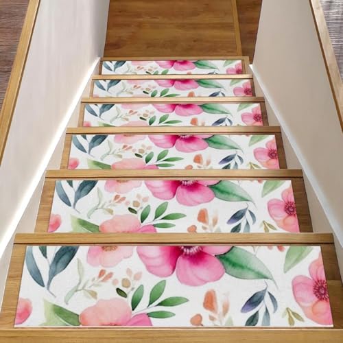 CHENZZZZ Stufenmatten für Holzstufen im Innenbereich, rutschfest, rosa Blumen mit Blättern, Treppenmatten für ältere Menschen, Kinder, Hunde, 15 Stück von CHENZZZZ