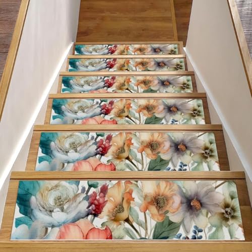CHENZZZZ Stufenmatten für Holzstufen im Innenbereich, selbstklebend, 20,3 x 76,2 cm, rutschfest, Blumenmuster mit Blumen, Treppenstufen, Teppichläufer, 15 Stück von CHENZZZZ