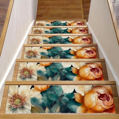 CHENZZZZ Stufenmatten für Holzstufen im Innenbereich, selbstklebend, 20,3 x 76,2 cm, rutschfest, Blumenmuster mit Blumen, Treppenstufen, Teppichläufer, 15 Stück von CHENZZZZ