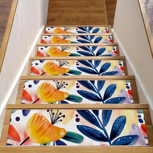 CHENZZZZ Stufenmatten für Holzstufen im Innenbereich, selbstklebend, 20,3 x 76,2 cm, rutschfest, Bohemian-Blumen und Blätter, 15 Stück von CHENZZZZ