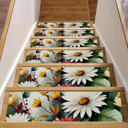 CHENZZZZ Stufenmatten für Holzstufen im Innenbereich, selbstklebend, 20,3 x 76,2 cm, rutschfeste Blumen und grüne Blätter, Treppenstufen, Teppichläufer, 15 Stück von CHENZZZZ