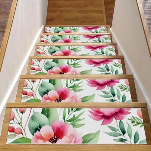 CHENZZZZ Stufenmatten für Holzstufen im Innenbereich, selbstklebend, 20,3 x 76,2 cm, rutschfeste Blumen und grüne Blätter, Treppenstufen, Teppichläufer, 15 Stück von CHENZZZZ