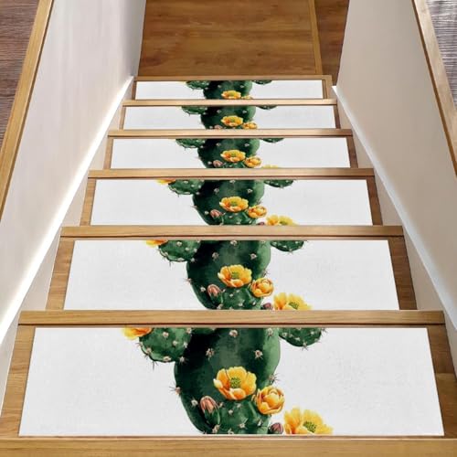 CHENZZZZ Stufenmatten für Holzstufen im Innenbereich, selbstklebend, 20,3 x 76,2 cm, rutschfeste grüne Kakteen mit gelben Blumen, 3 Stufenmatten von CHENZZZZ