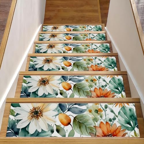CHENZZZZ Stufenmatten für Holzstufen mit Blumen und grünen Blättern, 20,3 x 76,2 cm, rutschfest, waschbar, Treppenläufer für Kinder, ältere Hunde, 15 Stück CHENZZZZ Stufenmatten für Holzstufen mit Blumen und grünen Blättern, 20,3 x 76,2 cm, rutschfest, waschbar, Treppenläufer für Kinder, ältere Hunde, 15 Stück von CHENZZZZ