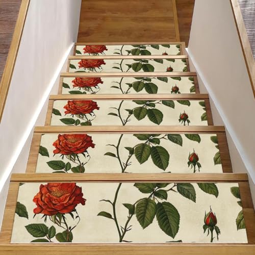 CHENZZZZ Stufenmatten für Holzstufen mit Blumenmuster, rote Rosen, 20,3 x 76,2 cm, rutschfest, waschbar, für Kinder, ältere Hunde, 15 Stück CHENZZZZ Stufenmatten für Holzstufen mit Blumenmuster, rote Rosen, 20,3 x 76,2 cm, rutschfest, waschbar, für Kinder, ältere Hunde, 15 Stück von CHENZZZZ