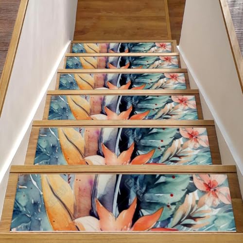 CHENZZZZ Stufenmatten für den Innenbereich, 20,3 x 76,2 cm, Blumenmuster mit Blumen, für Innenbereich, Teppich, Treppenstufen, Wasserfarben, rutschfeste Stufenmatten für Kinder, ältere Menschen von CHENZZZZ