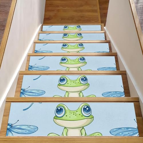 CHENZZZZ Stufenmatten für den Innenbereich, 20,3 x 76,2 cm, Cartoon-Frösche (4) Treppenläufer, Teppich, rutschfeste Stufenmatten für Kinder, ältere Menschen, Haustiere, 15 Stück von CHENZZZZ