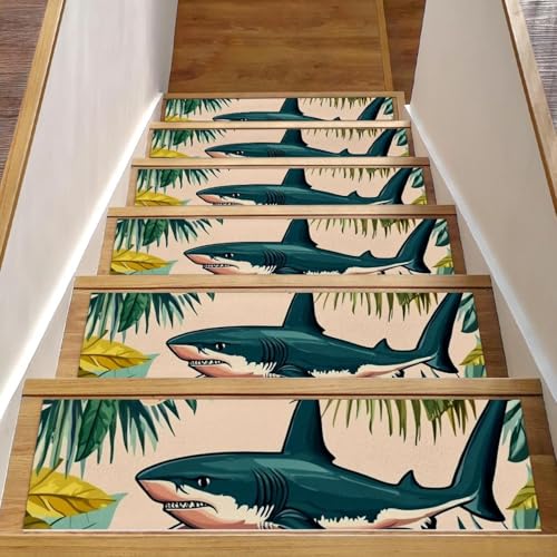 CHENZZZZ Stufenmatten für den Innenbereich, 20,3 x 76,2 cm, Palmblatt-Blume und Hai, 3 Stück, für Innenbereich, Teppich, Treppenstufen, Wasserfarben, rutschfeste Stufenmatten für Kinder, ältere von CHENZZZZ