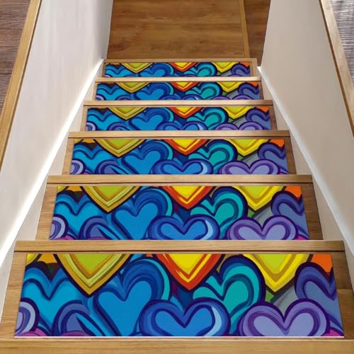 CHENZZZZ Stufenmatten für den Innenbereich, 20,3 x 76,2 cm, bunte Herzen (10 Stück) für den Innenbereich, rutschfest, Wasserfarben, 15 Stück von CHENZZZZ