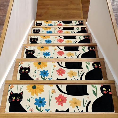 CHENZZZZ Stufenmatten für den Innenbereich, 20,3 x 76,2 cm, niedliche schwarze Katzen und Blumen, 66 Stück, Wasserfarben, rutschfeste Stufenmatten für Kinder, ältere Menschen, Haustiere, 15 Stück von CHENZZZZ