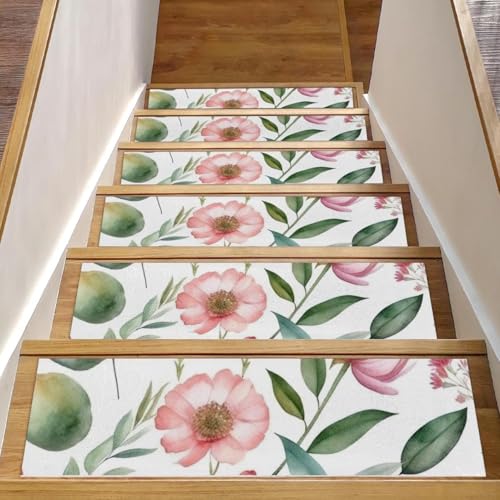 CHENZZZZ Stufenmatten für den Innenbereich, 20,3 x 76,2 cm, rosa Blumen mit Blättern, für Innenbereich, Teppich, Treppenstufen, Wasserfarben, rutschfeste Stufenmatten für Kinder, ältere Menschen von CHENZZZZ