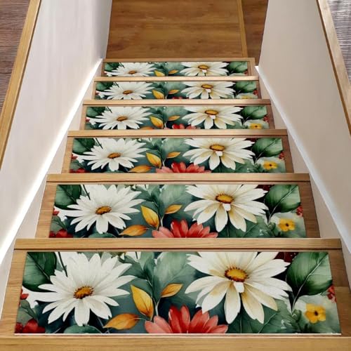CHENZZZZ Stufenmatten mit Blumen und grünen Blättern, 15 Stück, sich wiederholende Teppiche, rutschfest, Sicherheitsteppich, für den Innenbereich, widerstandsfähige Matte für Kinder und Hunde von CHENZZZZ