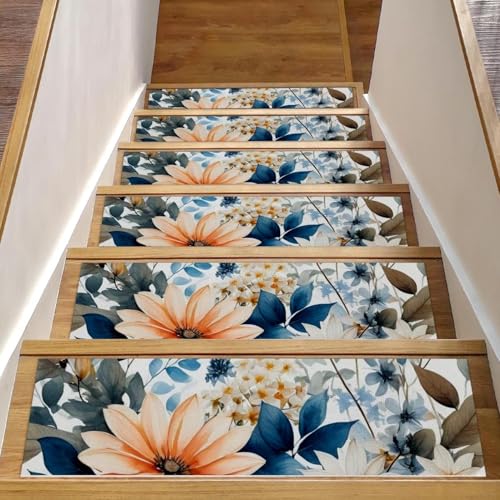 CHENZZZZ Stufenmatten mit Blumen und grünen Blättern, rutschfest, selbstklebend, Sicherheit, 76,2 x 20,3 cm, 15 Stück von CHENZZZZ
