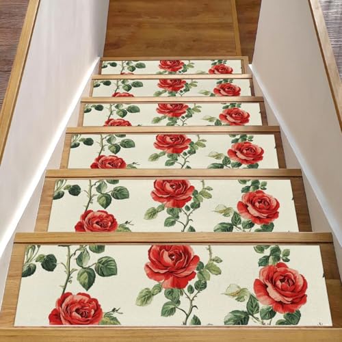 CHENZZZZ Stufenmatten mit Blumenmuster, rote Rosen, rutschfest, selbstklebend, Sicherheit, 76,2 x 20,3 cm, 15 Stück von CHENZZZZ