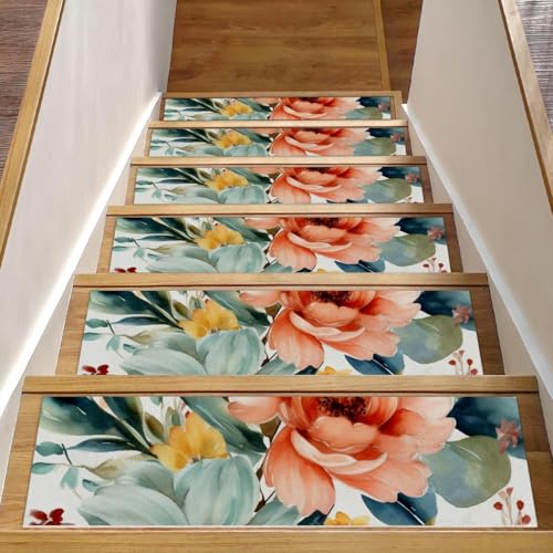 CHENZZZZ Stufenmatten mit Blumenmuster mit Blumen, für Holzstufen im Innenbereich, rutschfest, für Haustiere, Kinder und ältere Menschen, 15 Stück von CHENZZZZ