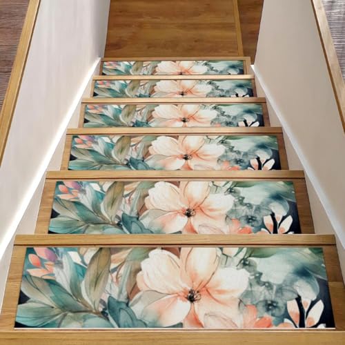 CHENZZZZ Stufenmatten mit Blumenmuster mit Blumen für Holzstufen, Innenbereich, Teppich, 15 Stück, zum Abziehen und Aufkleben, waschbar, 76,2 x 20,3 cm von CHENZZZZ