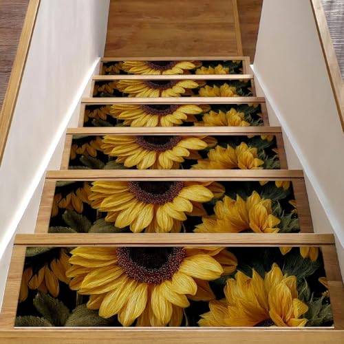 CHENZZZZ Stufenmatten mit Sonnenblumen-Blumen, dunkler Hintergrund, rutschfest, für Holzstufen, für den Innenbereich, widerstandsfähige Matte für Kinder und Hunde, 15 Stück von CHENZZZZ