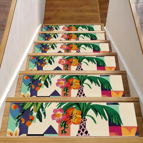 CHENZZZZ Stufenmatten mit niedlichem Dschungelpalmen-Rahmen, Blumenvase, 2 Teppich-Stufenmatten für Holzstufen im Innenbereich, rutschfest, für Haustiere, Kinder und ältere Menschen, 15 Stück CHENZZZZ Stufenmatten mit niedlichem Dschungelpalmen-Rahmen, Blumenvase, 2 Teppich-Stufenmatten für Holzstufen im Innenbereich, rutschfest, für Haustiere, Kinder und ältere Menschen, 15 Stück von CHENZZZZ