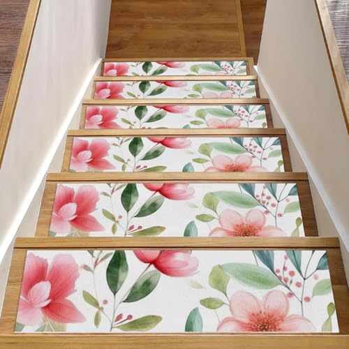 CHENZZZZ Stufenmatten mit rosa Blumen mit Blättern, 15 Stück, sich wiederholende Teppiche, rutschfest, Sicherheitsteppich, für den Innenbereich, widerstandsfähige Matte für Kinder und Hunde von CHENZZZZ
