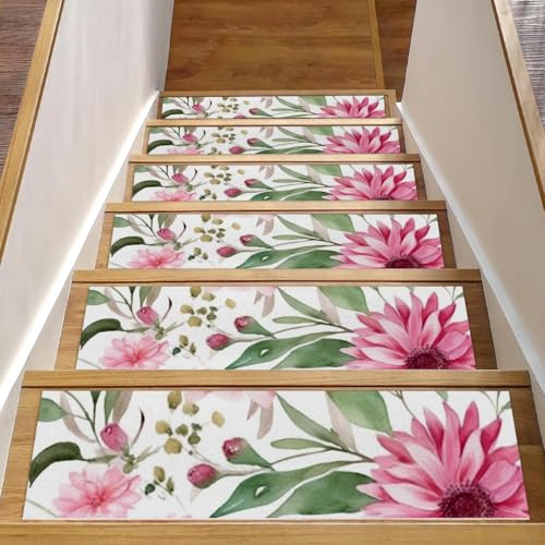 CHENZZZZ Stufenmatten mit rosa Blumen und Blättern, rutschfest, selbstklebend, Sicherheit, 76,2 x 20,3 cm, 15 Stück von CHENZZZZ