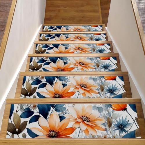 CHENZZZZ Teppich-Stufenmatten für Holzstufen im Innenbereich, rutschfest, für Haustiere, Kinder und ältere Menschen, Blumen und grüne Blätter, 15 Stück von CHENZZZZ
