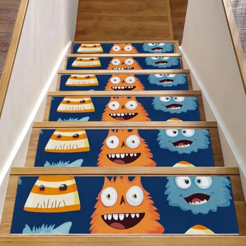 CHENZZZZ Teppich-Stufenmatten für Holzstufen im Innenbereich, rutschfest, für Haustiere, Kinder und ältere Menschen, Cartoon-Halloween-Zuckermonster, 3 Stück von CHENZZZZ