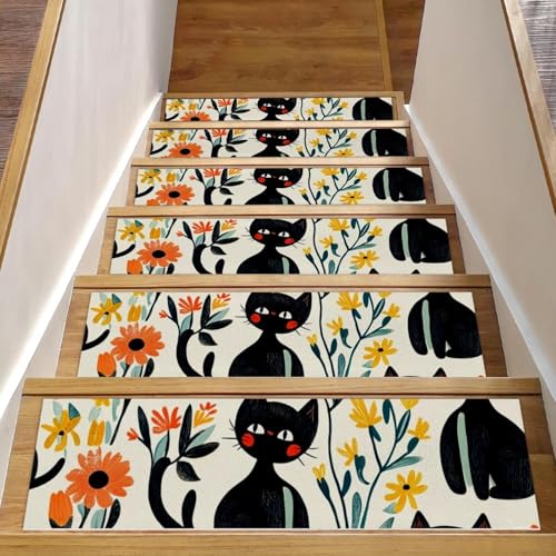 CHENZZZZ Teppich-Stufenmatten für Holzstufen im Innenbereich, rutschfest, für Haustiere, Kinder und ältere Menschen, Motiv: niedliche schwarze Katzen und Blumen, 2 Stück von CHENZZZZ