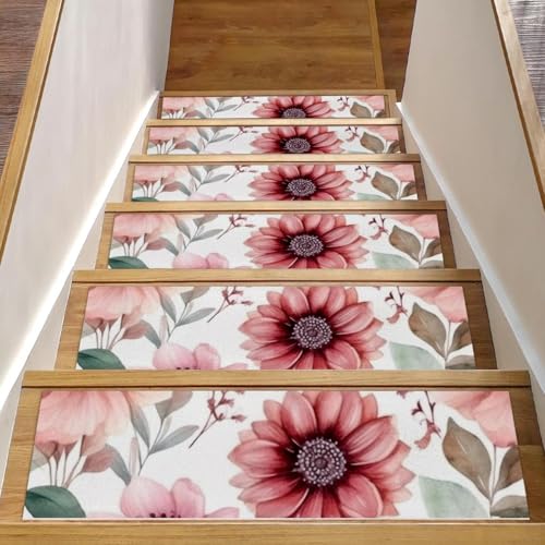 CHENZZZZ Teppich-Stufenmatten für Holzstufen im Innenbereich, rutschfest, für Haustiere, Kinder und ältere Menschen, Rosa mit Blumen und Blättern, 15 Stück von CHENZZZZ