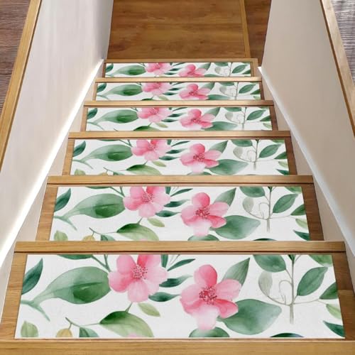 CHENZZZZ Teppich-Stufenmatten für Holzstufen im Innenbereich, rutschfest, für Haustiere, Kinder und ältere Menschen, Rosa mit Blumen und Blättern, 15 Stück von CHENZZZZ