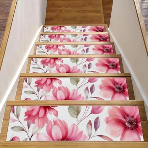 CHENZZZZ Teppich-Stufenmatten für Holzstufen im Innenbereich, rutschfest, für Haustiere, Kinder und ältere Menschen, Rosa mit Blumen und Blättern, 15 Stück CHENZZZZ Teppich-Stufenmatten für Holzstufen im Innenbereich, rutschfest, für Haustiere, Kinder und ältere Menschen, Rosa mit Blumen und Blättern, 15 Stück von CHENZZZZ