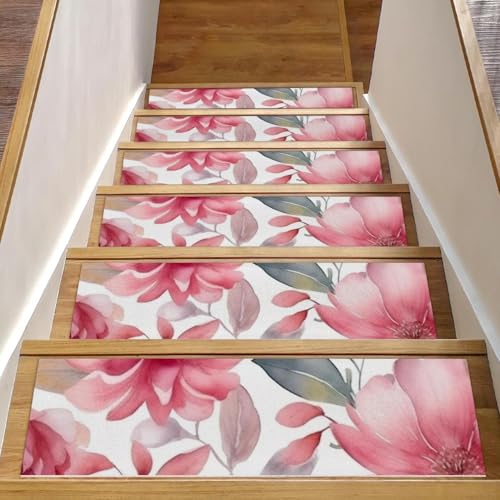 CHENZZZZ Teppich-Stufenmatten für Holzstufen im Innenbereich, rutschfest, für Haustiere, Kinder und ältere Menschen, Rosa mit Blumen und Blättern, 15 Stück von CHENZZZZ