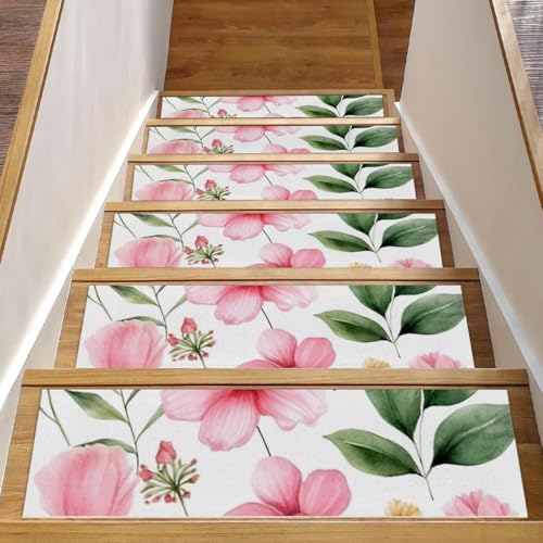 CHENZZZZ Teppich-Stufenmatten für Holzstufen im Innenbereich, rutschfest, für Haustiere, Kinder und ältere Menschen, Rosa mit Blumen und Blättern, 15 Stück CHENZZZZ Teppich-Stufenmatten für Holzstufen im Innenbereich, rutschfest, für Haustiere, Kinder und ältere Menschen, Rosa mit Blumen und Blättern, 15 Stück von CHENZZZZ