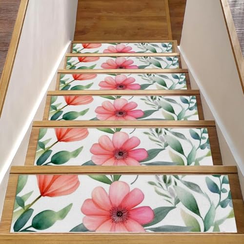 CHENZZZZ Teppich-Stufenmatten für Holzstufen im Innenbereich, rutschfest, für Haustiere, Kinder und ältere Menschen, rosa Blumen mit Blättern, 15 Stück CHENZZZZ Teppich-Stufenmatten für Holzstufen im Innenbereich, rutschfest, für Haustiere, Kinder und ältere Menschen, rosa Blumen mit Blättern, 15 Stück von CHENZZZZ