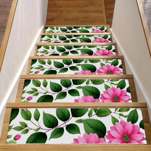 CHENZZZZ Teppich-Stufenmatten für Holzstufen im Innenbereich, rutschfest, für Haustiere, Kinder und ältere Menschen, rosa Blumen mit Blättern, 15 Stück von CHENZZZZ