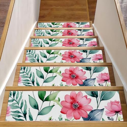 CHENZZZZ Teppich-Stufenmatten für Holzstufen im Innenbereich, rutschfest, für Haustiere, Kinder und ältere Menschen, rosa Blumen mit Blättern, 15 Stück von CHENZZZZ