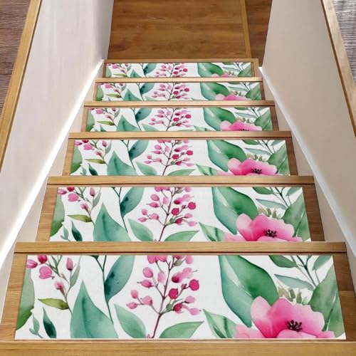 CHENZZZZ Teppich-Stufenmatten mit Blumen und grünen Blättern, für Holzstufen im Innenbereich, Treppenläufer für Haustiere, rutschfest, wiederverwendbar, 15 Stück von CHENZZZZ
