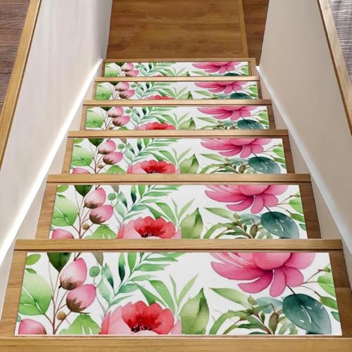 CHENZZZZ Teppich-Stufenmatten mit Blumen und grünen Blättern, für Holzstufen im Innenbereich, rutschfest, für Haustiere, Kinder und ältere Menschen, 15 Stück von CHENZZZZ