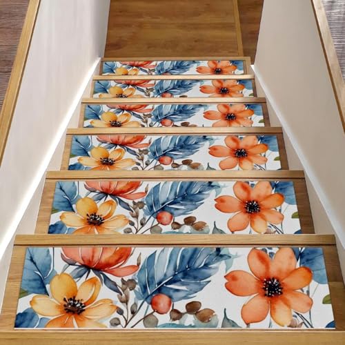 CHENZZZZ Teppich-Stufenmatten mit Blumen und grünen Blättern, rutschfest, 20,3 x 76,2 cm, Treppenläufer für Holzstufen im Innenbereich, widerstandsfähiger Treppenläufer mit wiederverwendbarer von CHENZZZZ