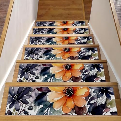 CHENZZZZ Teppich-Stufenmatten mit Blumen und grünen Blättern, rutschfest, 20,3 x 76,2 cm, Treppenläufer für Holzstufen im Innenbereich, widerstandsfähiger Treppenläufer mit wiederverwendbarer von CHENZZZZ