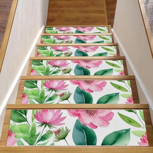 CHENZZZZ Teppich-Stufenmatten mit Blumen und grünen Blättern, rutschfest, 20,3 x 76,2 cm, Treppenläufer für Holzstufen im Innenbereich, widerstandsfähiger Treppenläufer mit wiederverwendbarer von CHENZZZZ