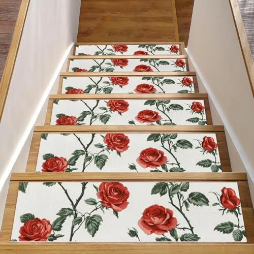 CHENZZZZ Teppich-Stufenmatten mit Blumenmuster, rote Rosen, rutschfest, 20,3 x 76,2 cm, Treppenläufer für Holzstufen im Innenbereich, widerstandsfähiger Treppenläufer mit wiederverwendbarer CHENZZZZ Teppich-Stufenmatten mit Blumenmuster, rote Rosen, rutschfest, 20,3 x 76,2 cm, Treppenläufer für Holzstufen im Innenbereich, widerstandsfähiger Treppenläufer mit wiederverwendbarer von CHENZZZZ