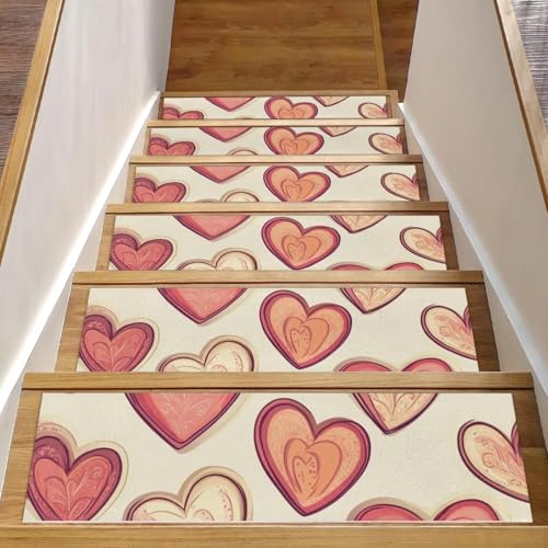 CHENZZZZ Teppich-Stufenmatten mit Herzen, rutschfest, 20,3 x 76,2 cm, für Holzstufen im Innenbereich, widerstandsfähiger Treppenläufer mit wiederverwendbarer, rückstandsfreier Matte für ältere und von CHENZZZZ