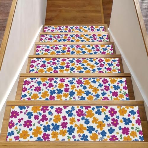 CHENZZZZ Teppich-Stufenmatten mit bunten Blumen, rutschfest, 20,3 x 76,2 cm, für Holzstufen im Innenbereich, widerstandsfähiger Treppenläufer mit wiederverwendbarer, rückstandsfreier Matte für ältere von CHENZZZZ